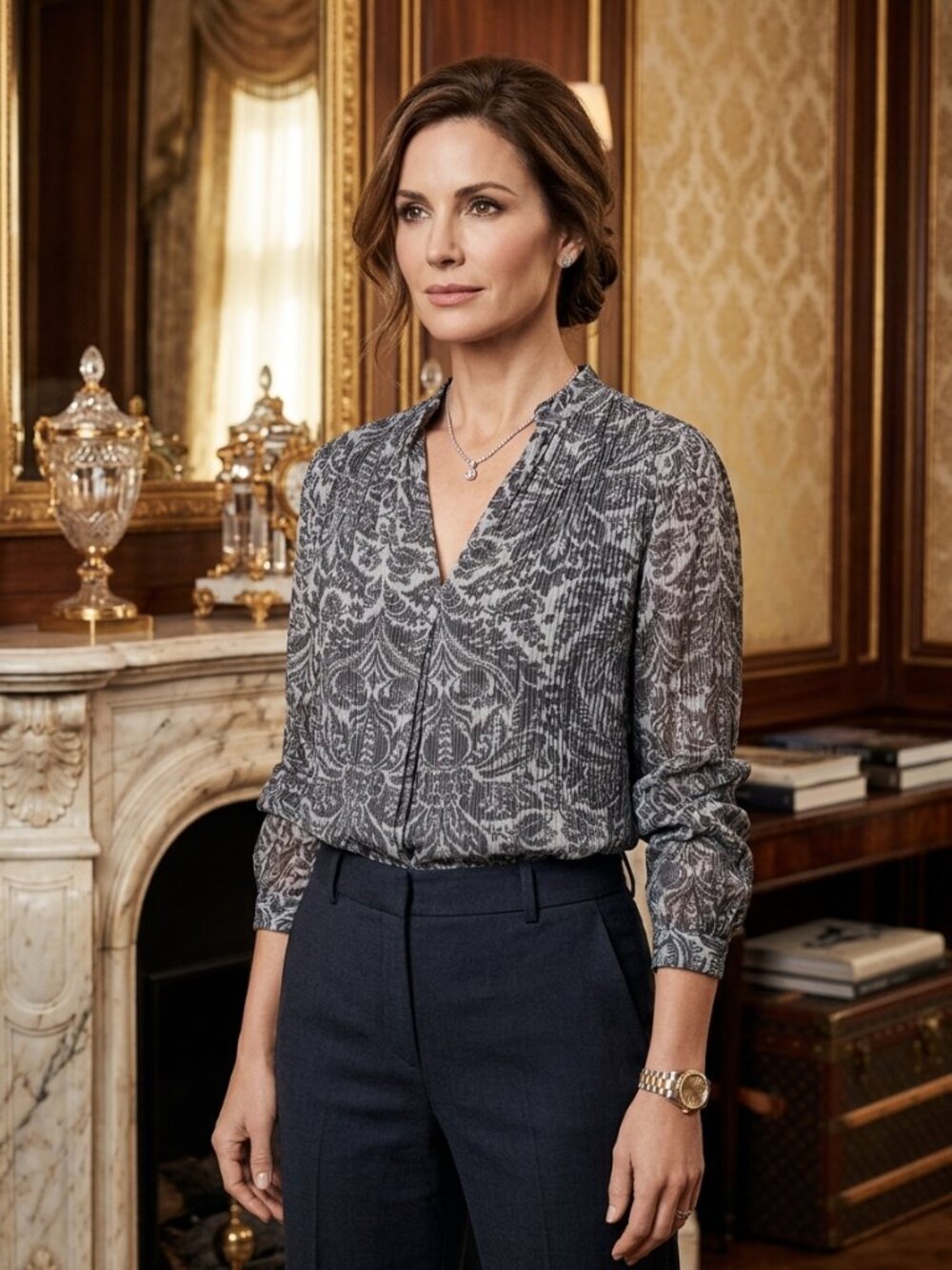 MICHAEL Michael Kors Silver & Charcoal Paisley Pleated V-Neck Blouse - M
